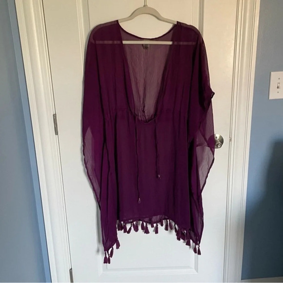 Blue Rod Beattie chiffon tassel trim caftan coverup Top 29155 - Picture 1 of 11